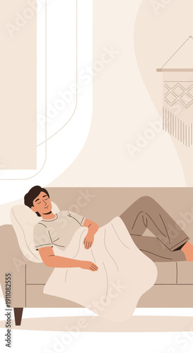 Young Man Resting Comfortably On A Sofa Under A Cozy Blanket Indoors