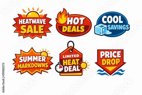 Summer sale and promotion badges collection with heatwave, hot deals, and price drop