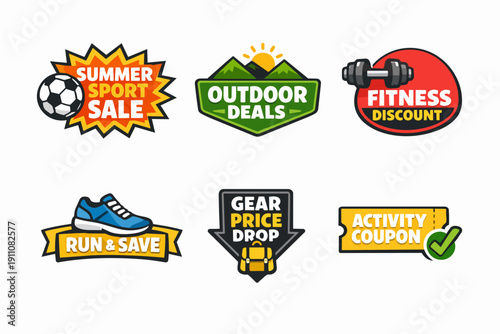 Sport and fitness promotional labels with outdoor activity deals and discount coupons