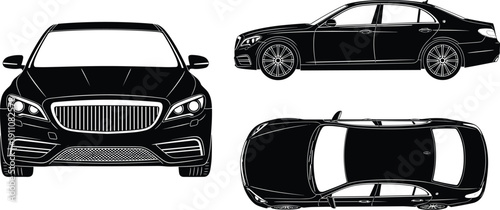 Premium luxury sedan car silhouette with front, side and top views, black executive automobile vector illustration isolated on white background