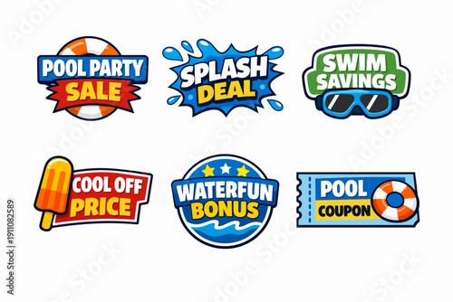Summer pool party sale splash deal and cool off price savings event labels