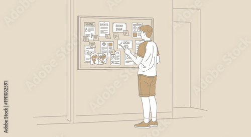 Young Man Studies Hostel Information Board With Local Tips And Events