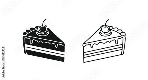Two slices of cake detailed frosting and cherry toppings silhouette