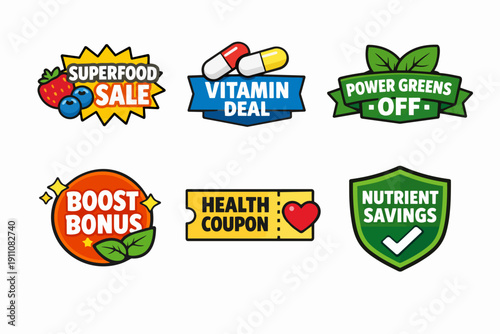 Health and wellness promotional badges and discount coupons for organic supplements