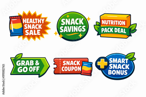 Snack sales promotion badges offering healthy deals, savings, and bonus coupons