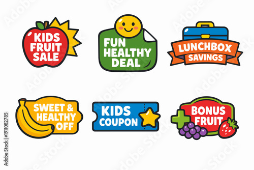 Colorful labels and stickers promoting healthy eating and savings for kids on white background