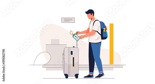 Young Man With Backpack Attaching Luggage Tag To Suitcase For Travel Adventures