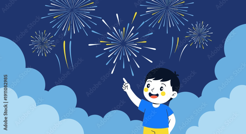 Fototapeta premium Young Boy Gazing At Festive Fireworks Display In The Night Sky