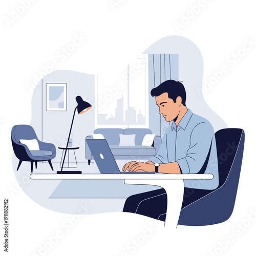 Young Man Working From Home On His Laptop In A Modern Living Room Setting