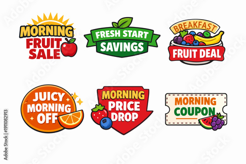 Morning fruit sales and fresh start savings advertising badges set