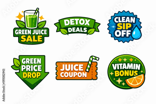 Healthy green juice, detox beverage, vitamin drink, and coupon sale concepts