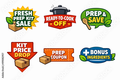 Food kit offers, sales, and cooking promotions across various marketing badges