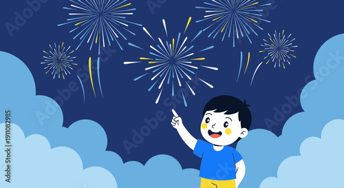 Young Boy Gazing At Festive Fireworks Display In The Night Sky