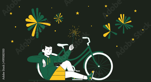 Young Person Celebrating With Sparkler And Bicycle Under Night Sky