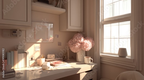 Cozy and Inviting Home Workspace with Natural Light, Flowers, and Neat Organization, Perfect for Productivity and Inspiration in Modern Interiors