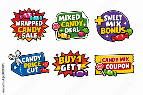 Candy and sweets promotion labels set offering discounts and special deals