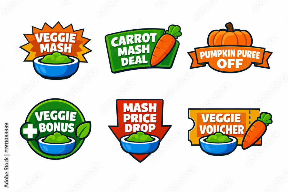 Naklejka premium Vegetable puree promotion badges offering deals, vouchers, bonuses, and price drops