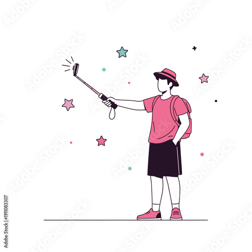 Young Explorer Capturing Moments With a Selfie Stick: Travel and Adventure Illustration