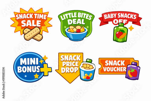 Snack time sale, little bites deal, baby snacks off, snack price drop advertising badges