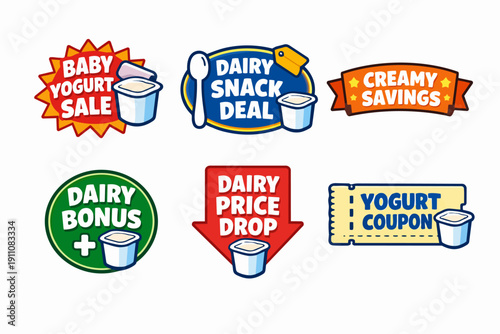 Yogurt and dairy product sale labels set with discount stickers and saving coupons