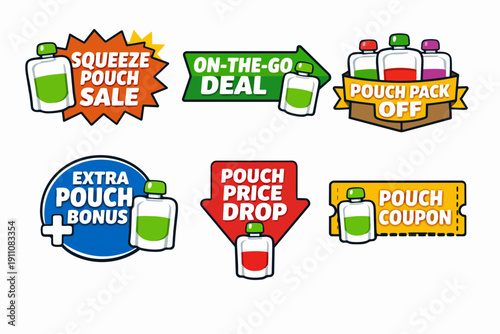 Squeeze pouch sale labels offering discounts, deals, and special price bonuses