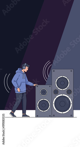 Young Individual Interacting With Amplified Audio Equipment Amidst Illuminated Background Elements