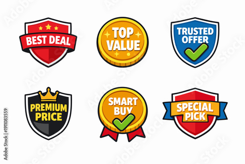 Promo sales badges offering best deal, top value, trusted offer, smart buy, premium price
