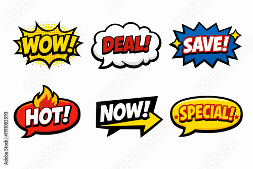 Pop art style speech bubbles with marketing words promoting exciting sales deals