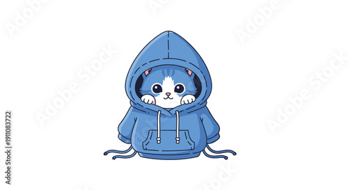 A small blue and white cat wearing an oversized light blue hooded sweatshirt with drawstrings on a white background.