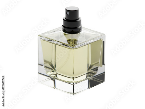 Elegant beige perfume bottle with sleek black cap and minimalist design