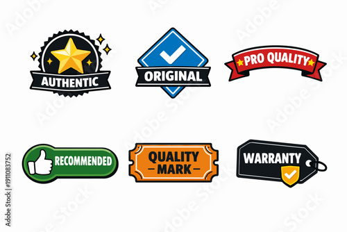 Quality, authenticity, and warranty guarantee badge set for consumer trust and product value