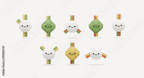 Collection of cute cartoon characters resembling ketupat and spherical shapes with happy faces, in various green, yellow, and white designs.
