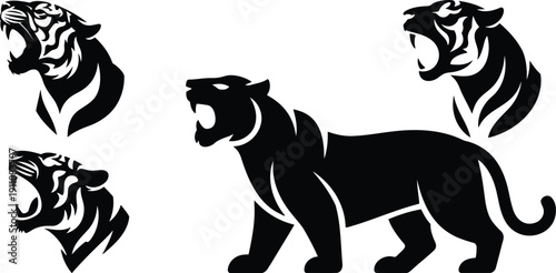 Powerful roaring tiger and black panther silhouette collection
