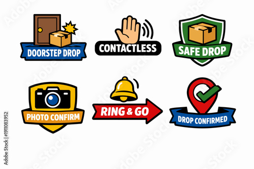 Contactless delivery icons showing safe home parcel drop-off with photo confirmation