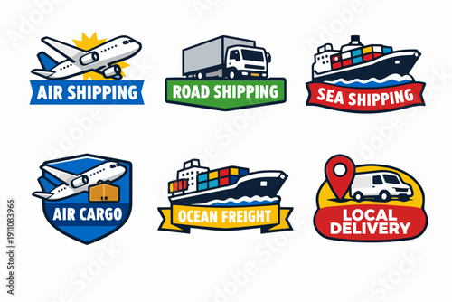 Logistics and shipping transport services vector badge icons set on white background