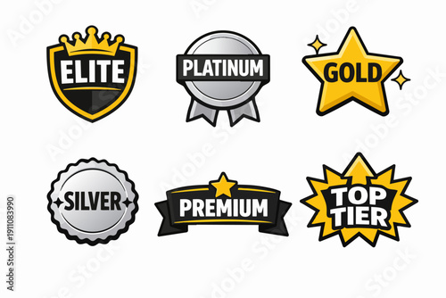 Set of member status badges presenting elite, platinum, gold, silver, premium and top tier levels
