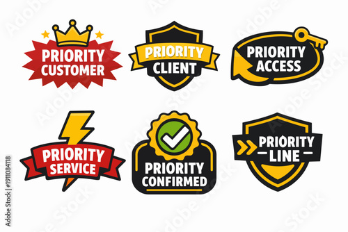 Priority customer access and service labels set, premium client status badges