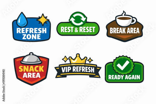 Refreshment, break, snack, and rest zone badges for office and event areas