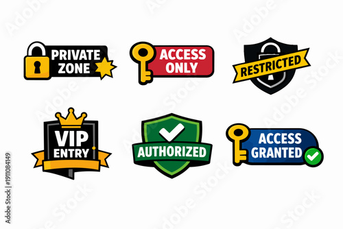 Security badges, access control, restricted area, vip entry, authorized graphic set