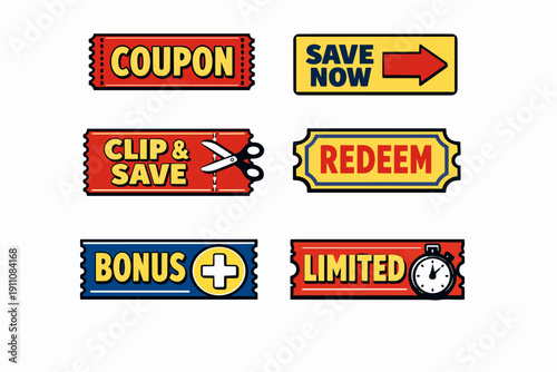 Coupons, save now, clip and save, redeem, bonus, and limited time offer vector labels