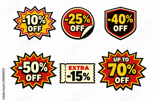 Sales discounts percent off promotional stickers set for retail offers and coupons