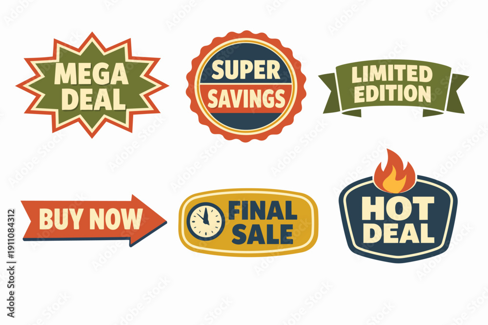 Obraz premium Sale badges vector collection featuring discount, deal, saving, and limited offer labels