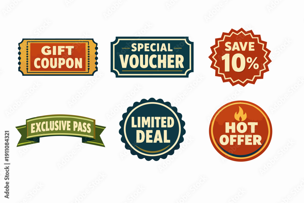 Obraz premium Collection of promotional tags with gift coupons, special vouchers, and hot offers