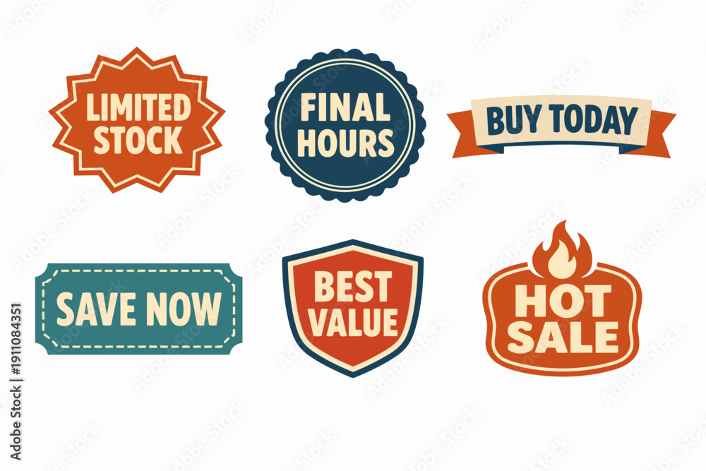 Obraz premium Set of vintage retail promotion badges offering discount, limited stock, and best value