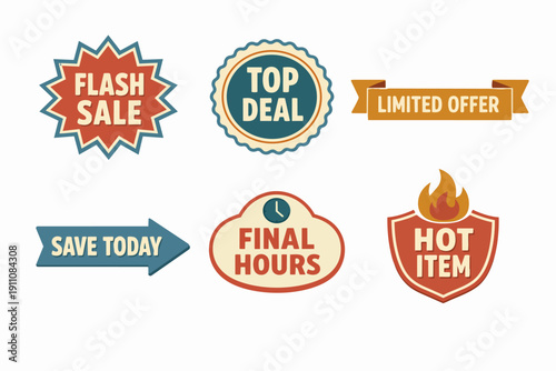 Flash sale, top deal, limited offer marketing sticker and badge collection