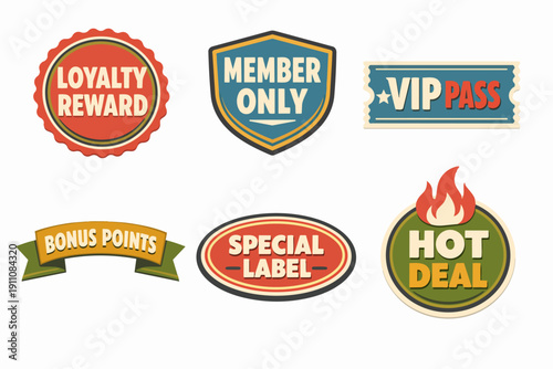 Collection of vintage badges and labels offering special deals and loyalty rewards