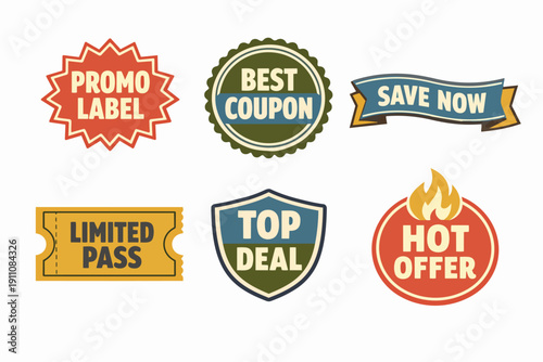 Retail advertising badges and stickers for promoting sales, deals, and offers