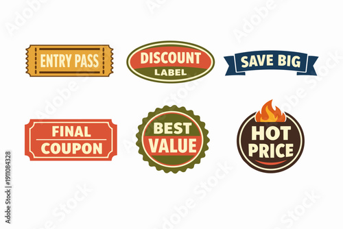 Discount labels, price tags, and coupons for marketing promotions and sales