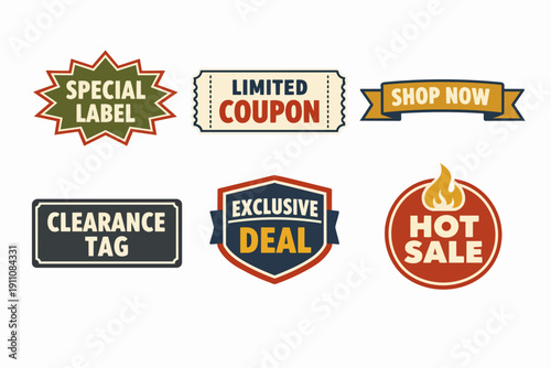 Vintage promotion labels collection for special offers, limited coupons, and hot sales