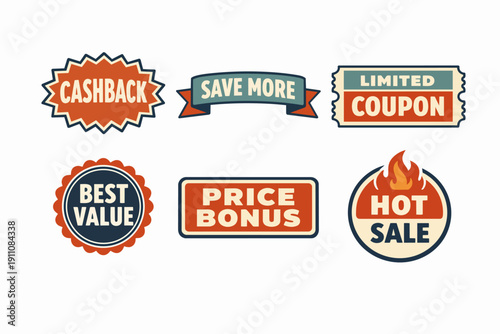 Collection of vintage sales tags and discount marketing labels for shopping deals